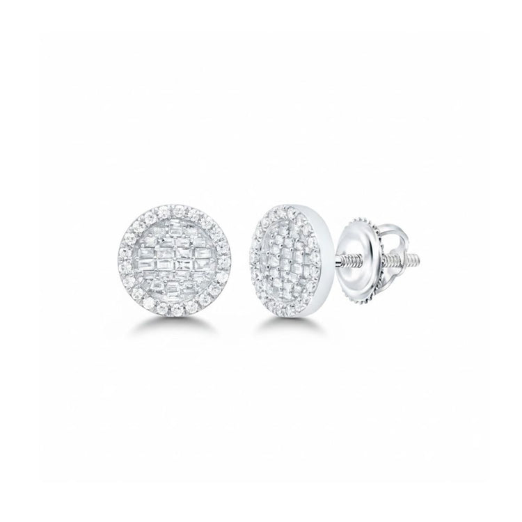 1/2CT Diamond Round Baguette Earrings in 10k gold, featuring sparkling pavé-set diamonds and secure screw-back closures, shown on a white background.