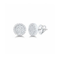 1/2CT Diamond Round Baguette Earrings in 10k gold, featuring sparkling pavé-set diamonds and secure screw-back closures, shown on a white background.