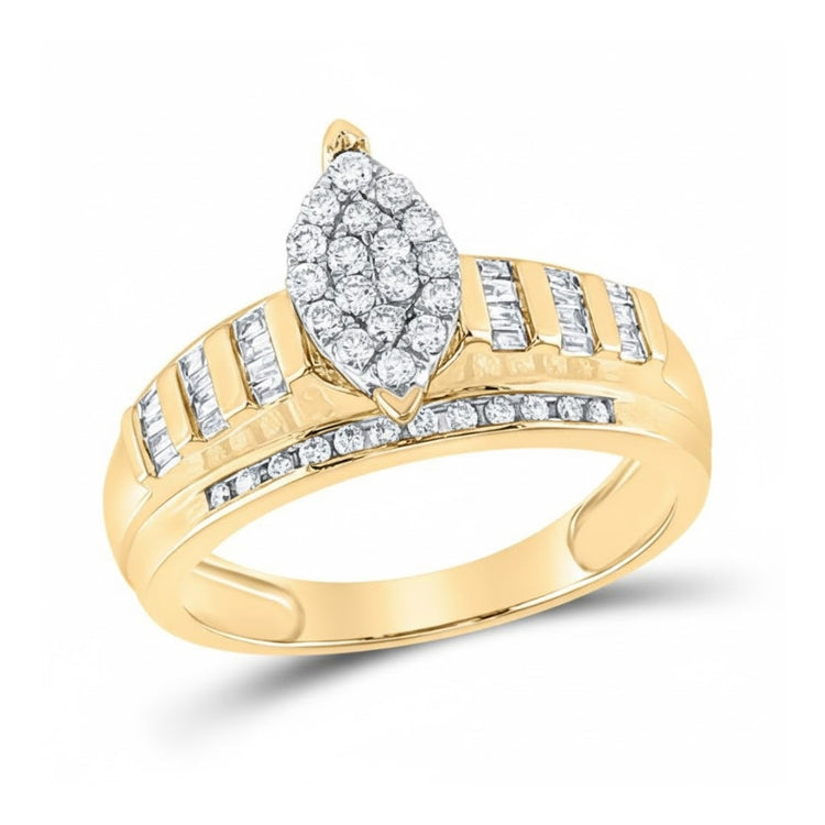 The 10k Gold Oval Diamond Cluster Bridal Ring 1/2 Cttw features a central oval diamond cluster and additional diamonds along the band, making it an eye-catching choice for an engagement ring.
