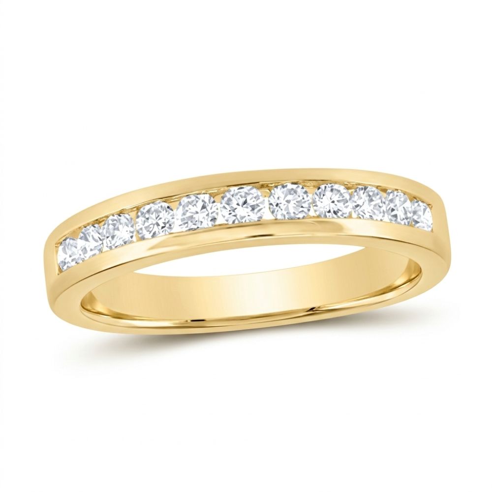 The 14k Gold Diamond Nicole’s Dream Wedding Band 1/2 Cttw features a row of round white diamonds set along the top half of the band.