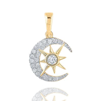 The 10k Gold Diamond Crescent Moon Star Pendant 1/4 CTTW features a diamond crescent moon and a starburst with a central diamond, all crafted in 10k yellow gold against a white background.