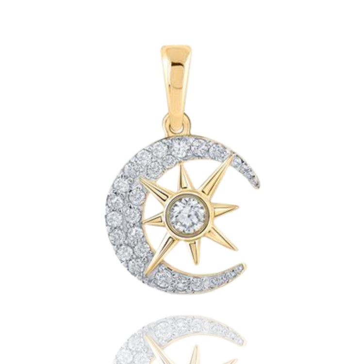 The 10k Gold Diamond Crescent Moon Star Pendant 1/4 CTTW features a diamond crescent moon and a starburst with a central diamond, all crafted in 10k yellow gold against a white background.