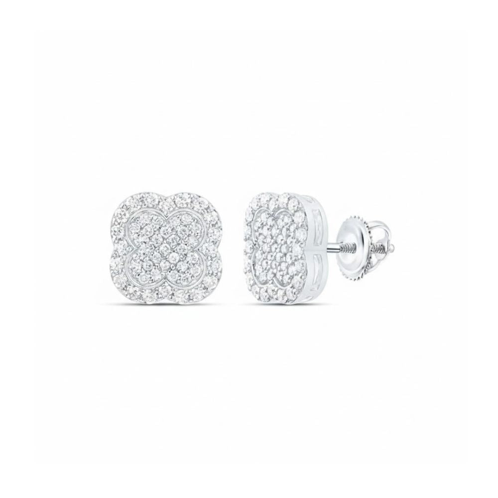 A pair of 1/3 CTW Natural Diamond Clover Earrings, featuring a clover-shaped floral design set in white metal and encrusted with sparkling diamonds, displayed from the front and side on a plain white background.