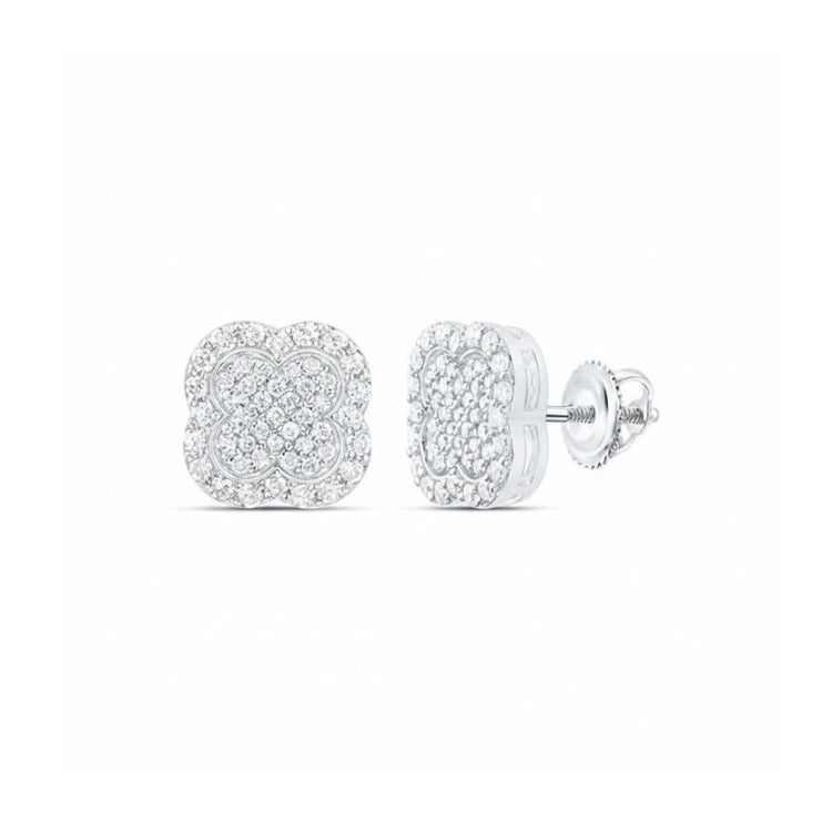 A pair of 1/3 CTW Natural Diamond Clover Earrings, featuring a clover-shaped floral design set in white metal and encrusted with sparkling diamonds, displayed from the front and side on a plain white background.
