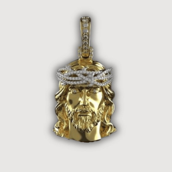 14K Yellow Gold Jesus Diamond Head Pendant featuring intricate design and hand-selected diamonds reflecting luxury and spirituality.