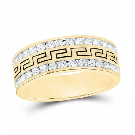 The 14k Gold Double Row Grecco Greek Key Diamond Wedding Band features a bold black Greek key center, two rows of channel-set diamonds, and a polished wide band for an elegant, eye-catching look.