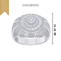 The GOLDZENN Moissanite Round Silver Fashion Ring features multiple rows of round-cut moissanite in concentric circles on top, with a vertical measurement of 18.40 mm.