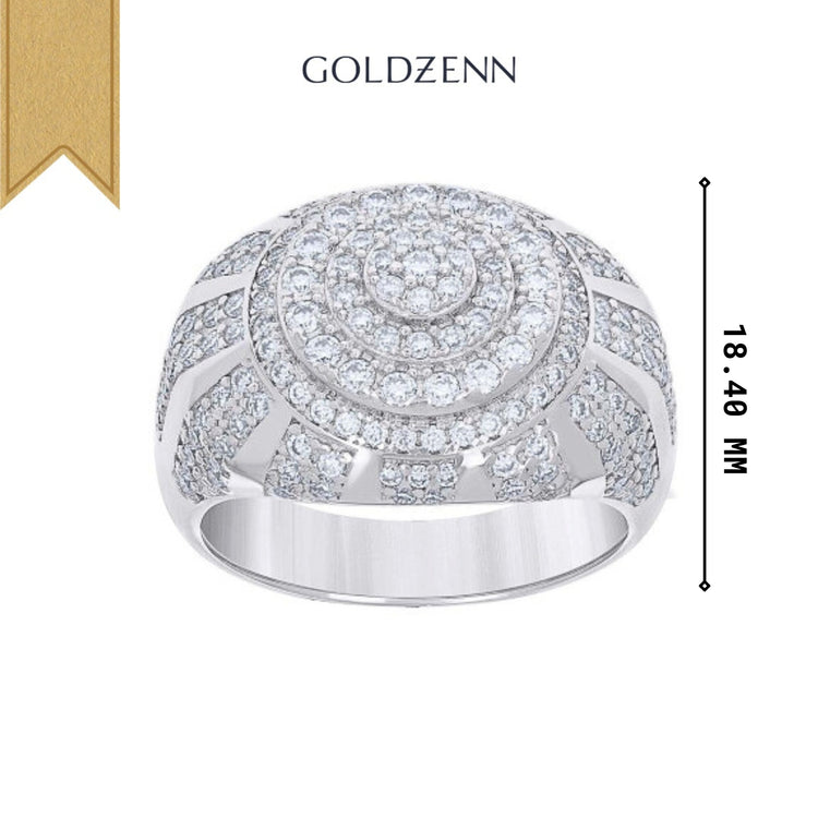 The GOLDZENN Moissanite Round Silver Fashion Ring features multiple rows of round-cut moissanite in concentric circles on top, with a vertical measurement of 18.40 mm.