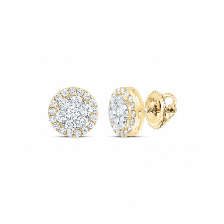 1 3/8CTW Diamond Flower Earrings in 10K Gold feature round-cut diamonds in a flower cluster design with sparkling white center stones and a halo of smaller gems, finished with secure screw-back closures.