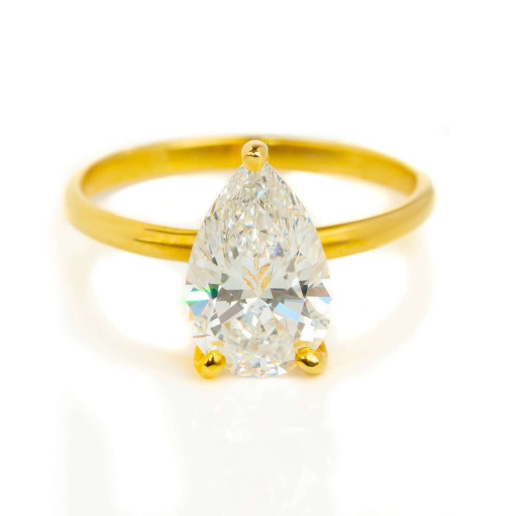 The 2.08ct Pear Lab Diamond Solitaire Engagement Ring in 14k yellow gold features a large pear-shaped lab diamond in a three-prong setting, shown against a white background.