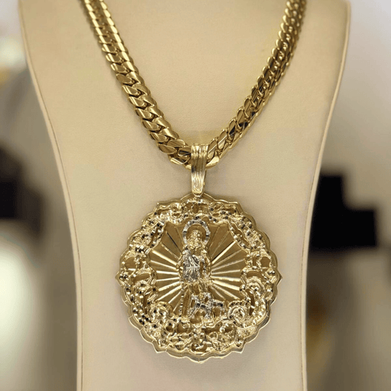 10K Solid Gold Big Saint Lazarus Circular Pendant showcasing intricate detailing on a chain, symbolizing resilience and faith.