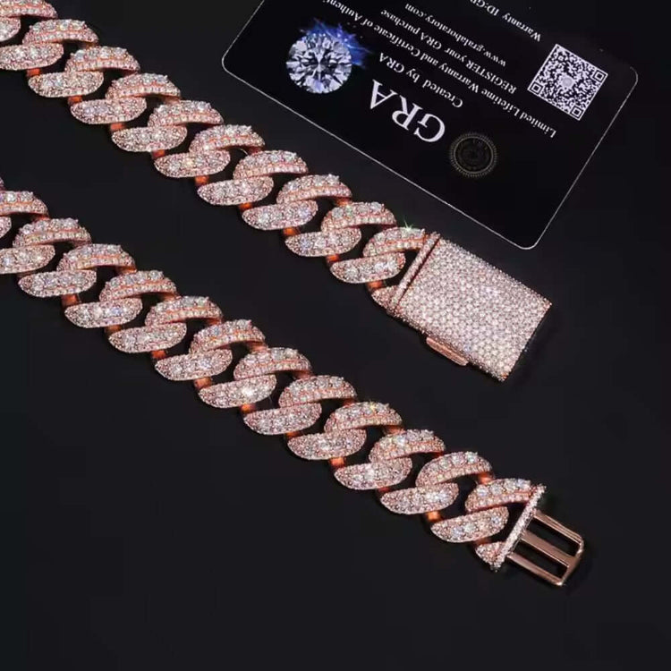 A close-up of a Rose Gold Moissanite Cuban Link Bracelet - 20mm is shown with a certification card on a black background.
