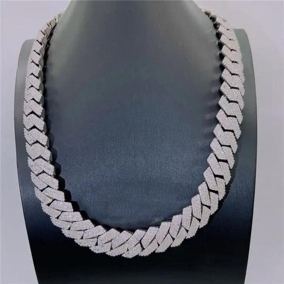 alt=" 20mm Cuban link chain in 925 sterling silver with D VVS moissanite stones. Bold, iced-out brilliance and ethically crafted for modern luxury. "