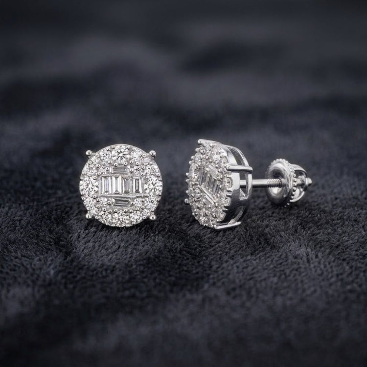 10k Gold Baguette Diamond Circle Earrings 1 CTTW with a halo of small diamonds and secure screw-back setting, shown on textured dark fabric.
