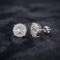 10k Gold Baguette Diamond Circle Earrings 1 CTTW with a halo of small diamonds and secure screw-back setting, shown on textured dark fabric.