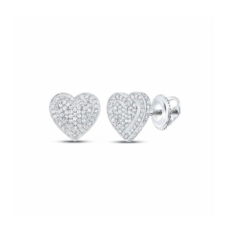 A pair of 1/2CTW Diamond Heart Earrings in 10K Gold, featuring sparkling diamonds and a secure screw-back closure, displayed against a white background.