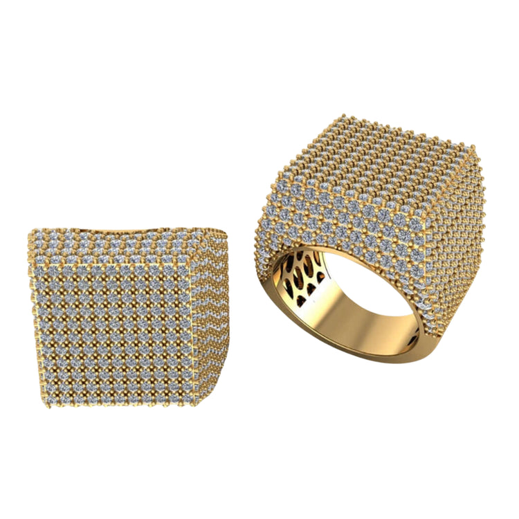Two Cube Pavé Diamond Ring – 5.50 CT Men's Gold Designs, square-shaped and fully encrusted with round diamonds, glitter as one stands upright while the other is angled to display its hollow interior.
