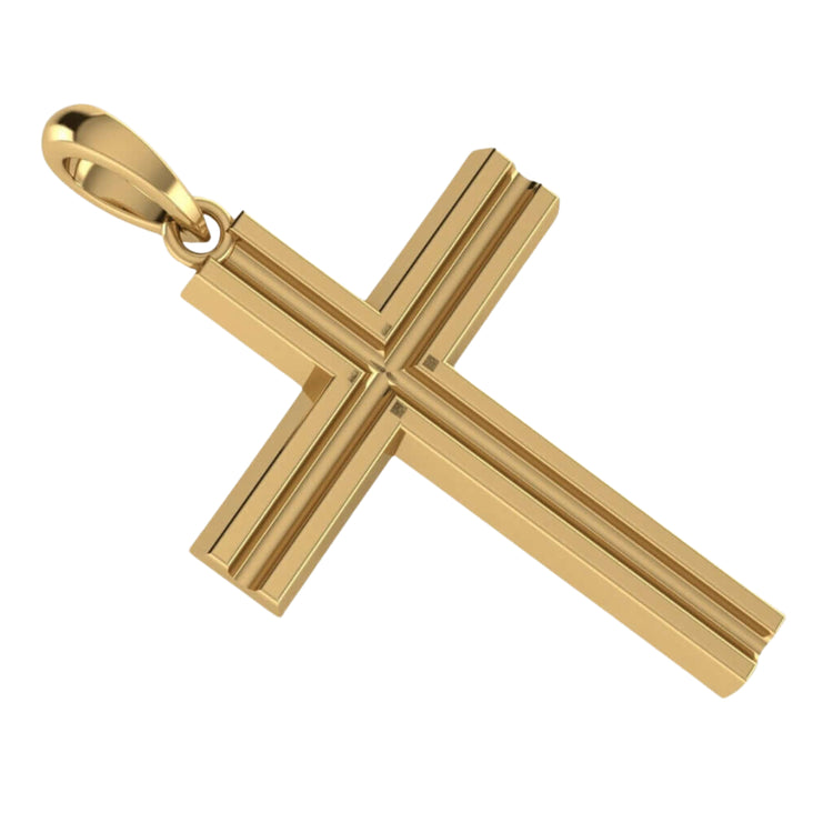 The 14k Gold Layered Cross Pendant features a smooth, polished finish with beveled edges, a raised central design, and a top loop for easy attachment—ideal for wearing solo or layering with other pendants.