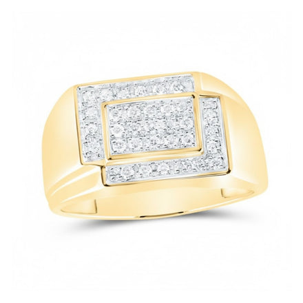 The 10k Yellow Gold Diamond Cluster Ring 1/4 Cttw features a rectangular centerpiece with two rows of sparkling round-cut diamonds in a geometric overlapping design.