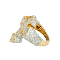 The 4.12 CTW Cross Cluster Diamond Ring in 14K Gold features a bold cross-shaped design with sparkling diamonds, creating a striking gold ring for men. Displayed on a white background.