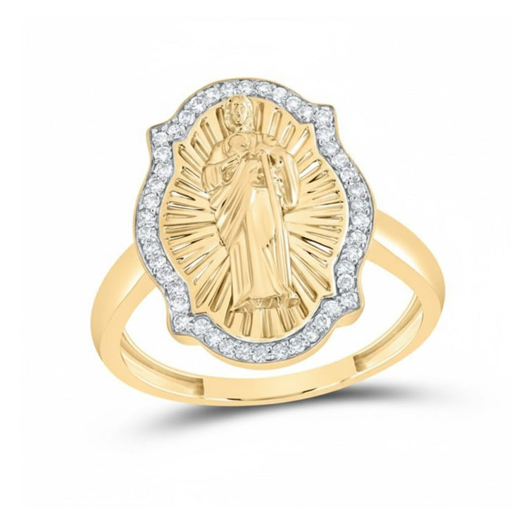 The 10k Yellow Gold St. Jude Diamond Ladies Ring 1/5 Cttw features an engraved St. Jude surrounded by radiating lines and sparkling natural diamonds on a polished gold band.