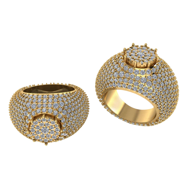 Two Domed Pavé Diamond Rings – 5.84 CT Gold Design, each fully encrusted with sparkling lab-grown diamonds, are displayed on a white background. One men’s gold ring is shown from the side and the other from an angled top view.