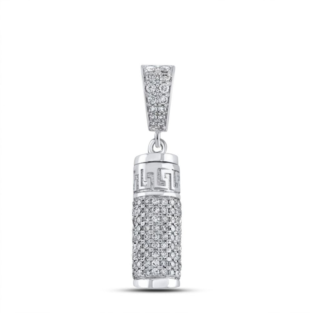 A 10K gold diamond urn cylinder pendant, totaling 1 CTTW, features a Greek key pattern near the top and a diamond-studded bail, displayed against a white background.