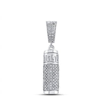A 10K gold diamond urn cylinder pendant, totaling 1 CTTW, features a Greek key pattern near the top and a diamond-studded bail, displayed against a white background.