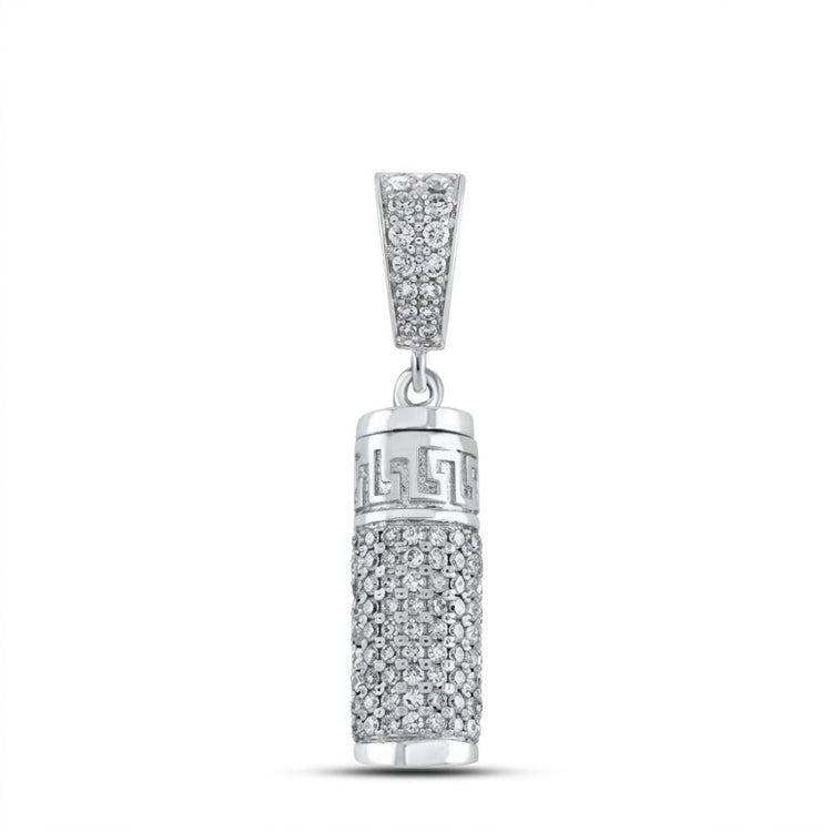 A 10K gold diamond urn cylinder pendant, totaling 1 CTTW, features a Greek key pattern near the top and a diamond-studded bail, displayed against a white background.