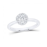 The 14k Gold Round Diamond Halo Engagement Ring showcases a round center diamond encircled by a halo of smaller diamonds, presented against a white background.