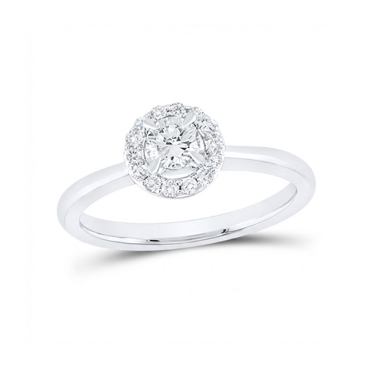 The 14k Gold Round Diamond Halo Engagement Ring showcases a round center diamond encircled by a halo of smaller diamonds, presented against a white background.