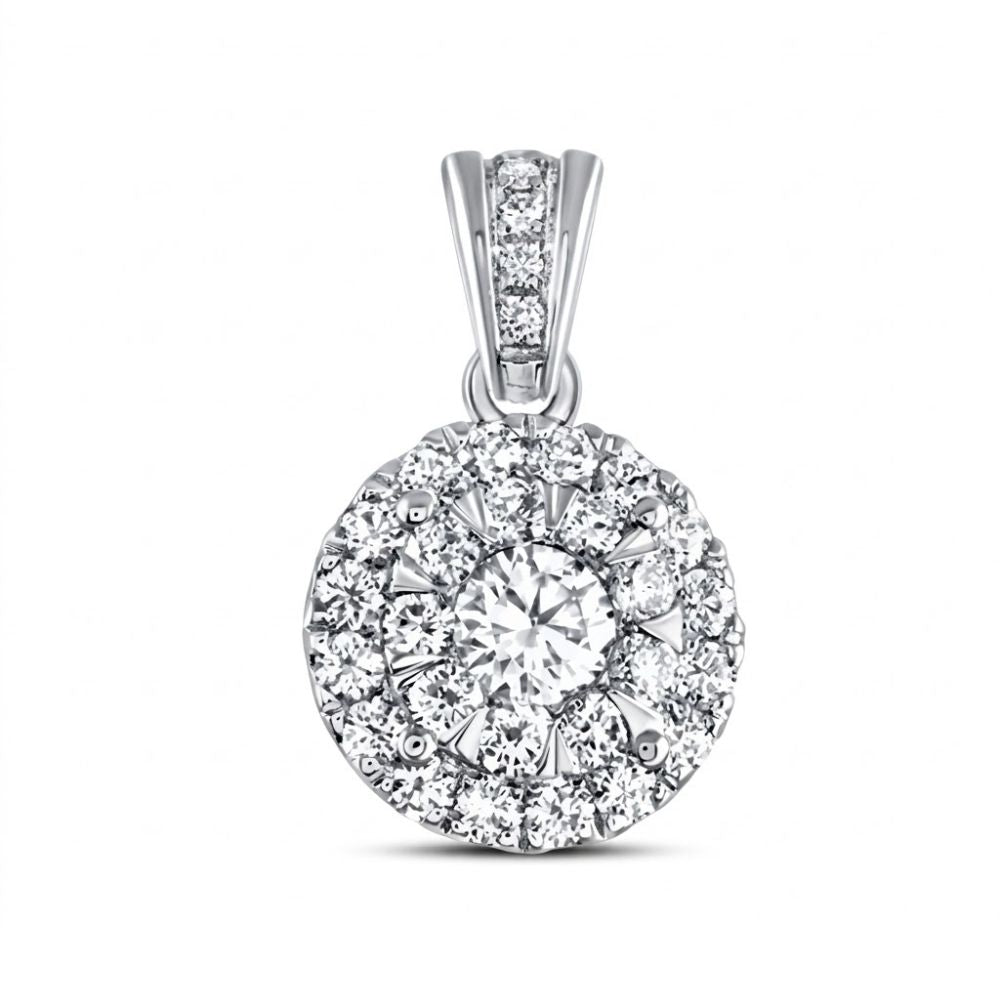 The 3/4 CTW Diamond Round Pendant in 14K gold features a central round diamond encircled by two halos of smaller diamonds, with extra diamonds accenting the bail for added brilliance.