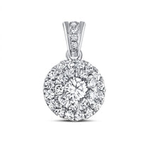 The 3/4 CTW Diamond Round Pendant in 14K gold features a central round diamond encircled by two halos of smaller diamonds, with extra diamonds accenting the bail for added brilliance.