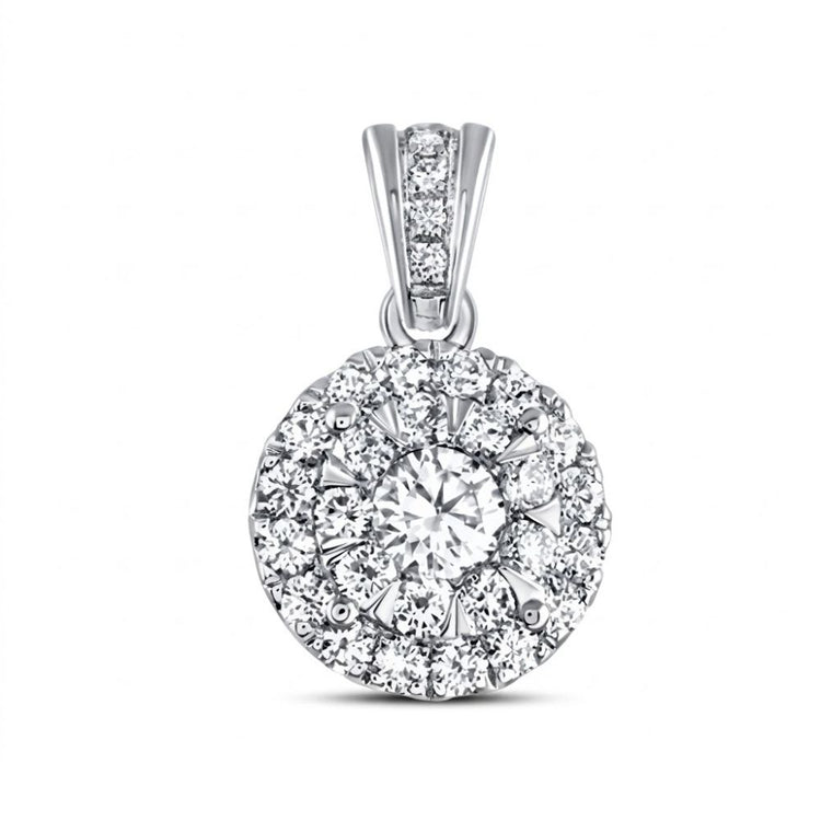 The 3/4 CTW Diamond Round Pendant in 14K gold features a central round diamond encircled by two halos of smaller diamonds, with extra diamonds accenting the bail for added brilliance.