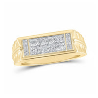 The 10k Gold Round Diamond Band Ring 1/2 Cttw features a rectangular top set with multiple small round diamonds, flanked by rows of smaller diamonds and accented with grooved details on the band.