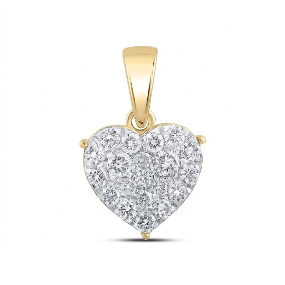 The 10K Gold 1/2 CTW Diamond Heart Pendant features a heart-shaped design adorned with multiple sparkling natural diamonds, displayed against a plain white background.