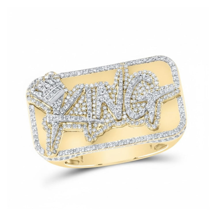 The 10K Yellow Gold 2CT Diamond King Crown Ring features a rectangular face with "KING" in bold natural diamonds, a K beneath a diamond crown, and a border encrusted with sparkling diamonds.