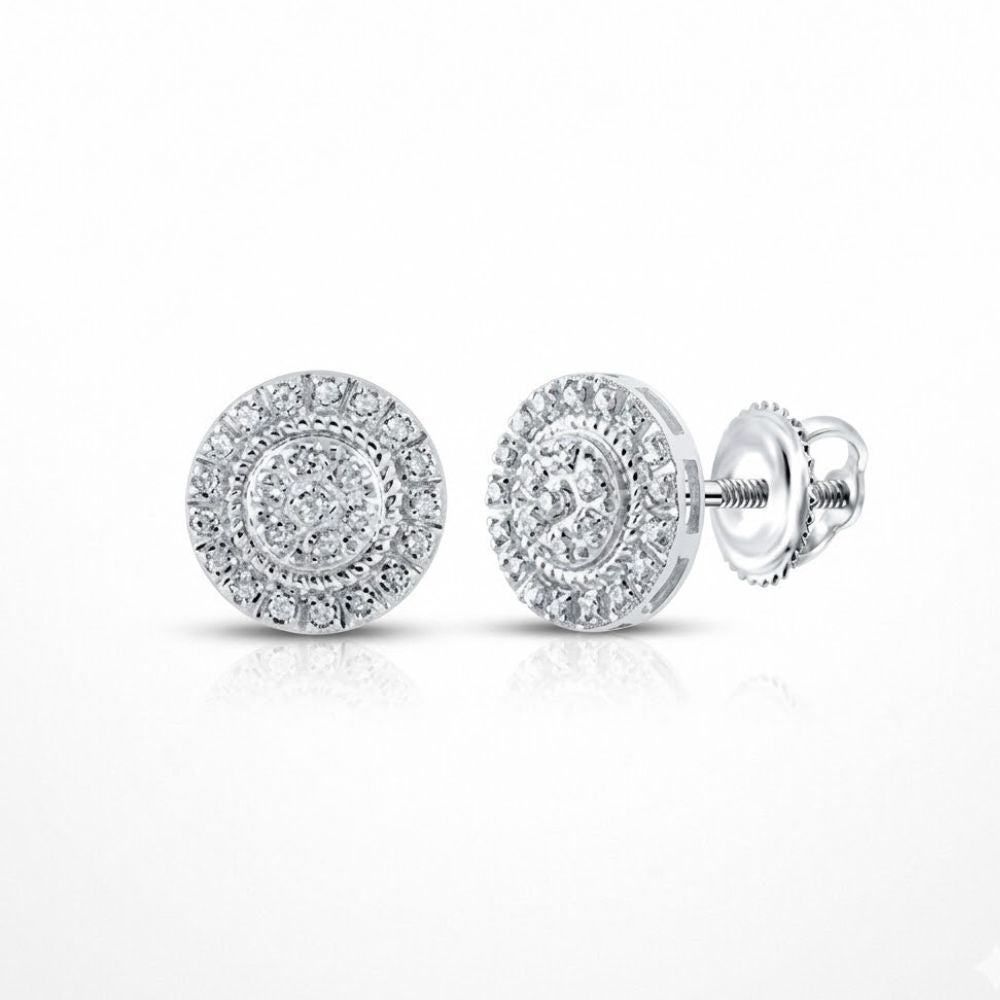 10K Gold Round Diamond Cluster Earrings 1/8 Cttw feature a central diamond surrounded by a double halo, set in white metal with screw-back posts, and are displayed on a white background.