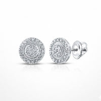 10K Gold Round Diamond Cluster Earrings 1/8 Cttw feature a central diamond surrounded by a double halo, set in white metal with screw-back posts, and are displayed on a white background.