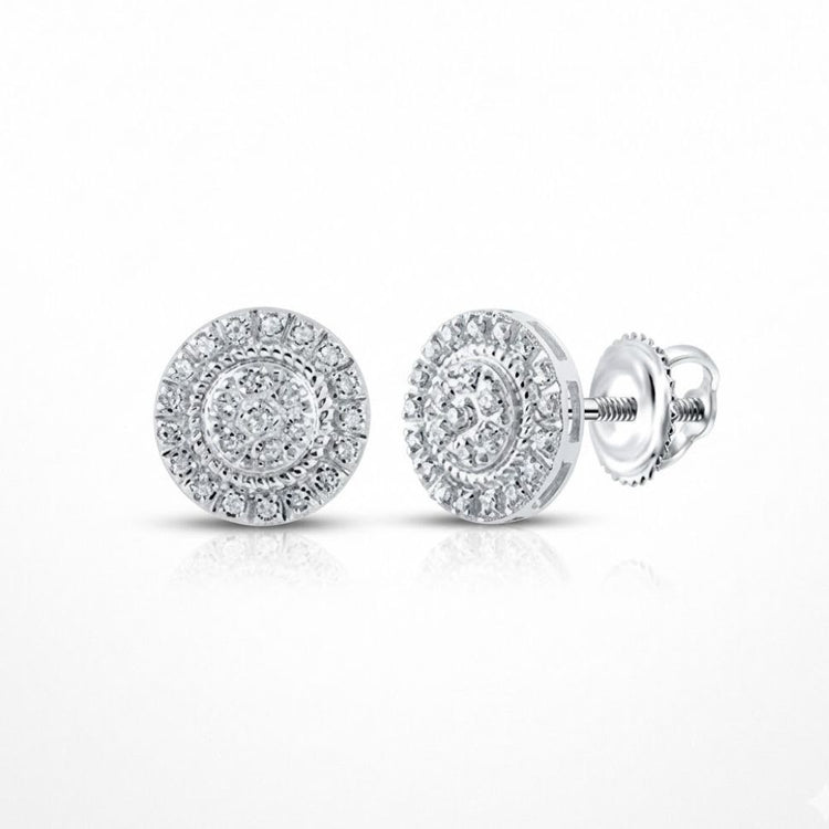 10K Gold Round Diamond Cluster Earrings 1/8 Cttw feature a central diamond surrounded by a double halo, set in white metal with screw-back posts, and are displayed on a white background.