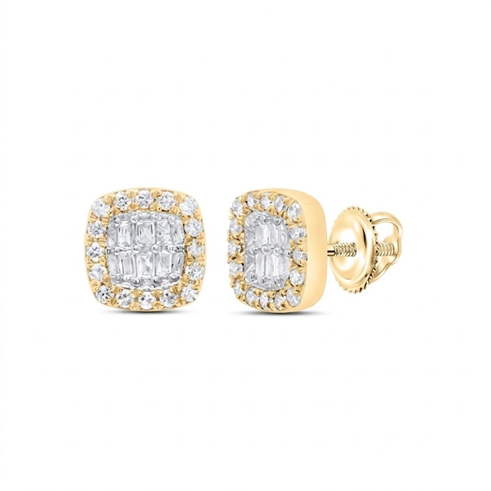 The 1/4CTW Natural Diamond Cushion Baguette Earrings in 10K Gold feature a central cluster of baguette-cut diamonds framed by round diamonds, displayed on a white background.