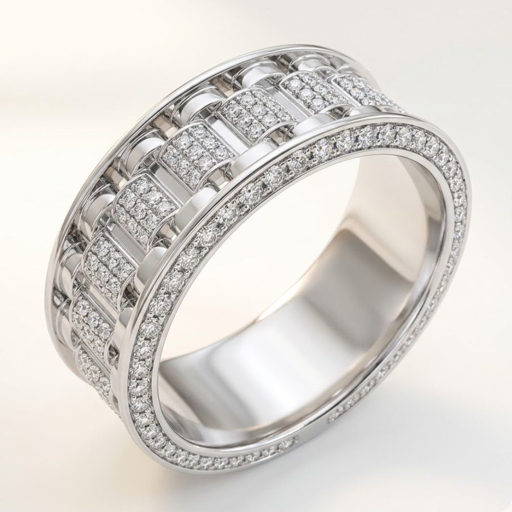 A close-up of the 3/4 CTW Natural Diamond Men's Band in 14K Gold, showcasing two rows of small diamonds along the edges and rectangular diamond clusters in a grid pattern at the center.