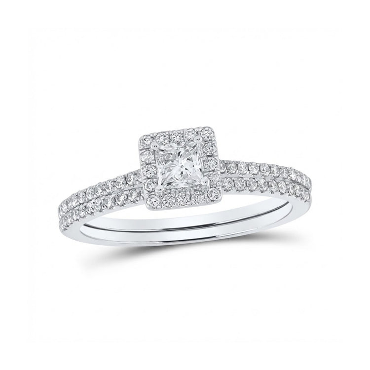 The 14k Gold Princess Diamond Square Halo Wedding Ring Set features a square-cut center diamond surrounded by a sparkling halo, all set on a double band adorned with diamonds for added brilliance.