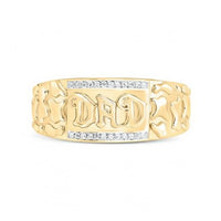 The 10k Gold Dad Men's Ring with Natural Diamonds features the word DAD in bold raised letters, accented by sparkling diamonds above and below for added brilliance.