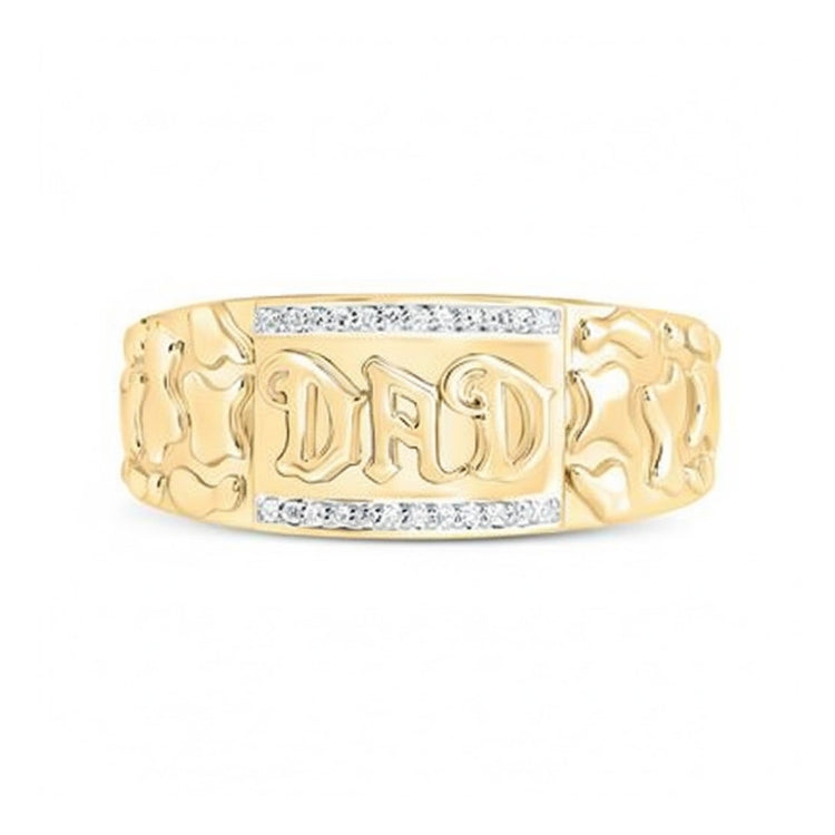 The 10k Gold Dad Men's Ring with Natural Diamonds features the word DAD in bold raised letters, accented by sparkling diamonds above and below for added brilliance.