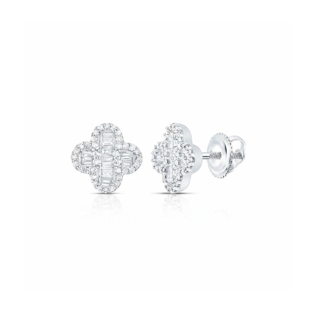 3/8CTW Natural Diamond Clover Earrings in 10k Gold feature a floral quatrefoil design with sparkling natural diamonds and secure screw-back closures, shown against a plain white background.