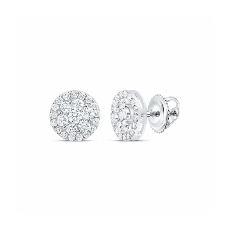 The 1 3/8CTW Diamond Flower Earrings in 10K Gold feature a sparkling cluster design, beautifully shown from the front and side to highlight the dazzling face and secure screw-back closure.