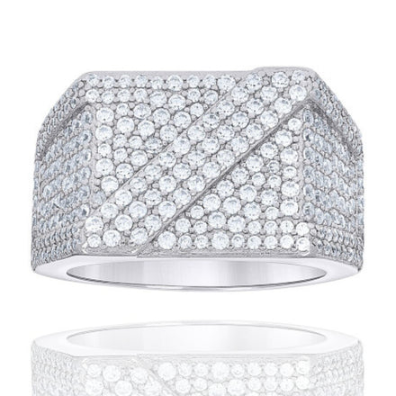 The Moissanite Square Head Fashion Ring features a modern, geometric design with a wide sterling silver band accented by multiple rows of sparkling moissanite stones and a diagonal raised detail for a striking, reflective look.