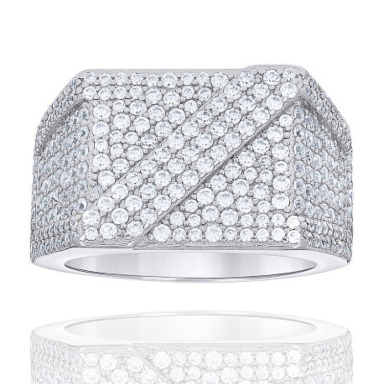 The Moissanite Square Head Fashion Ring features a modern, geometric design with a wide sterling silver band accented by multiple rows of sparkling moissanite stones and a diagonal raised detail for a striking, reflective look.