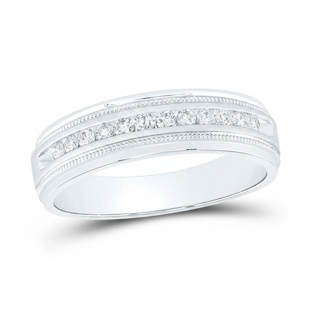 The 10k Gold Round Diamond Wedding Band 1/4 Cttw features a single row of round diamonds at the center, accented by elegant milgrain detailing along the edges.